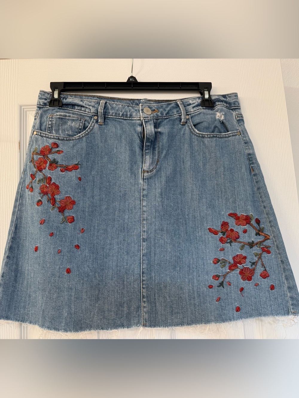 a.n.a Light Blue Denim A-Line Skirt with Red Floral Embroidery